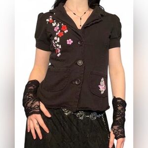 SOLD ! cherry blossom black vintage 90s morbid threads button up blouse w bird